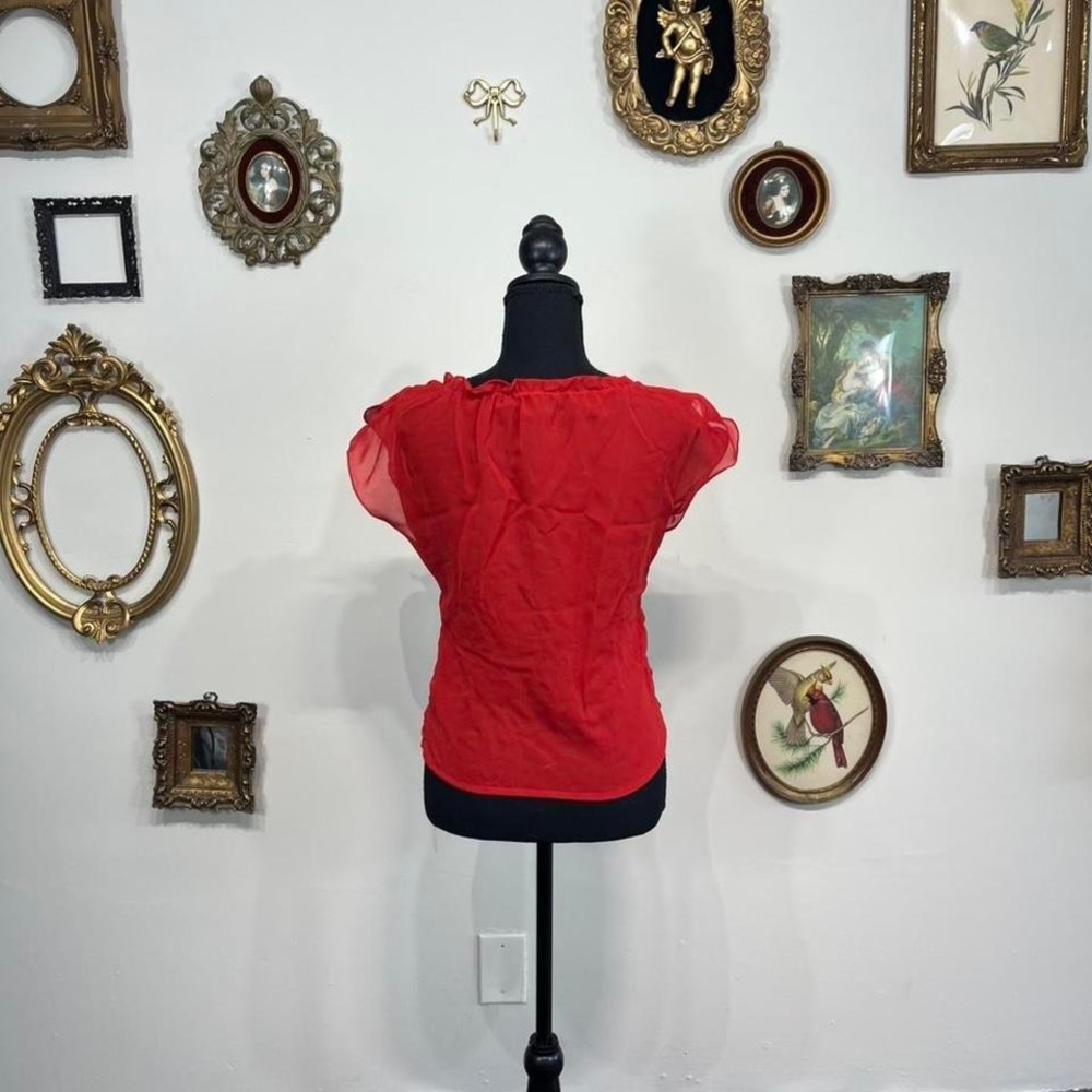 Vintage Y2K Red Ruched Sheer Ruffle Top - Picture 3 of 6